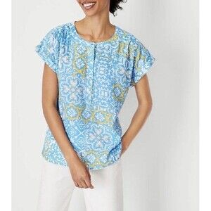 Ann Taylor Women's  Blue Multi 100% Linen Drop Shoulder Popover Top Tunic Sz S